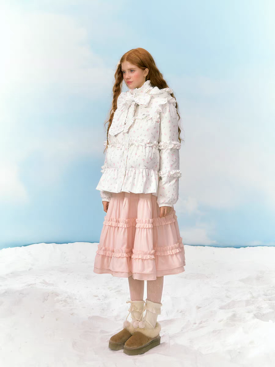 Narrator. Original Design Floral Ruffled Lace Bow Hooded Down Jacket