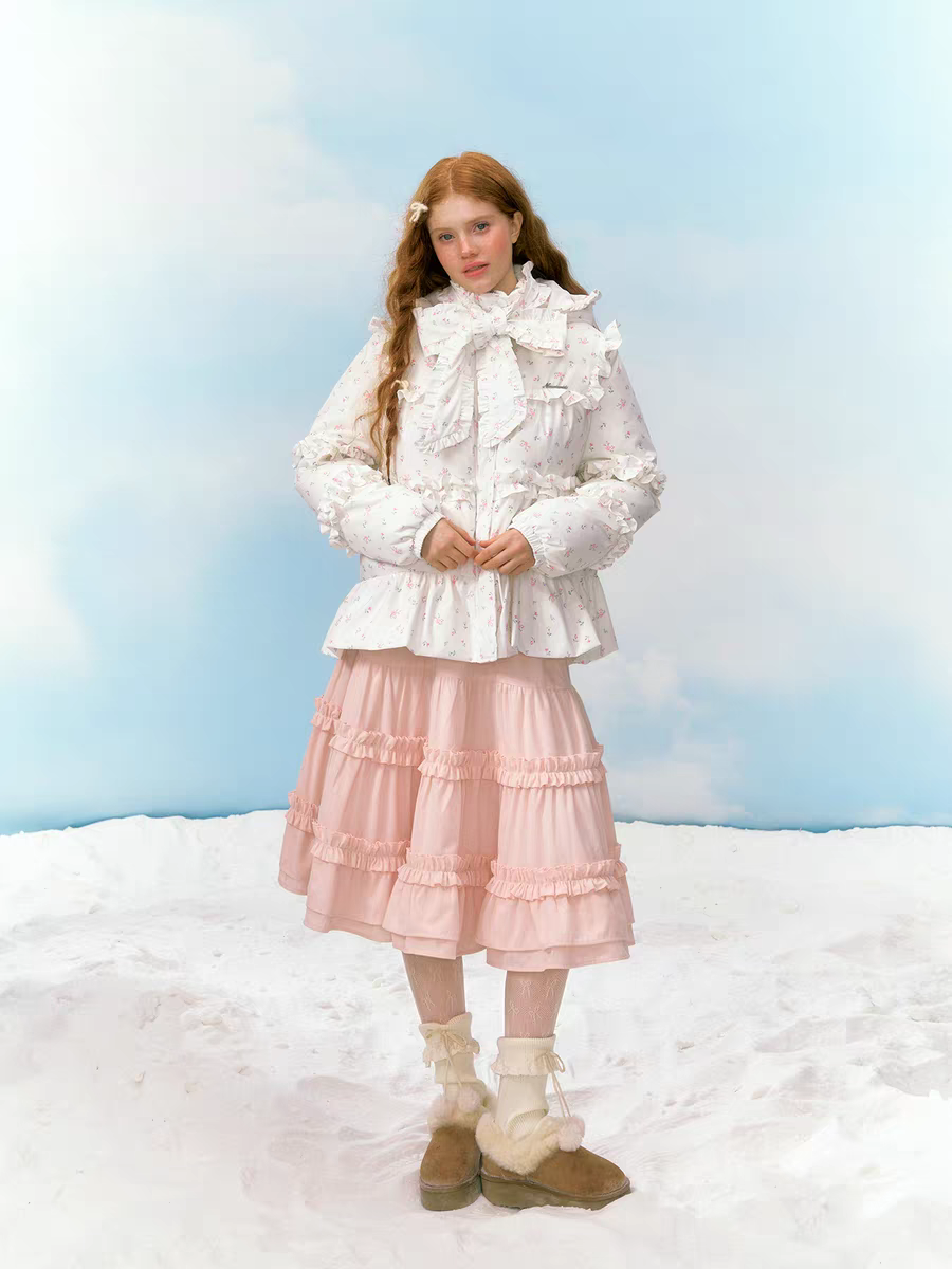 Narrator. Original Design Floral Ruffled Lace Bow Hooded Down Jacket