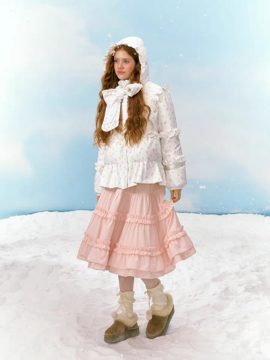Narrator. Original Design Floral Ruffled Lace Bow Hooded Down Jacket