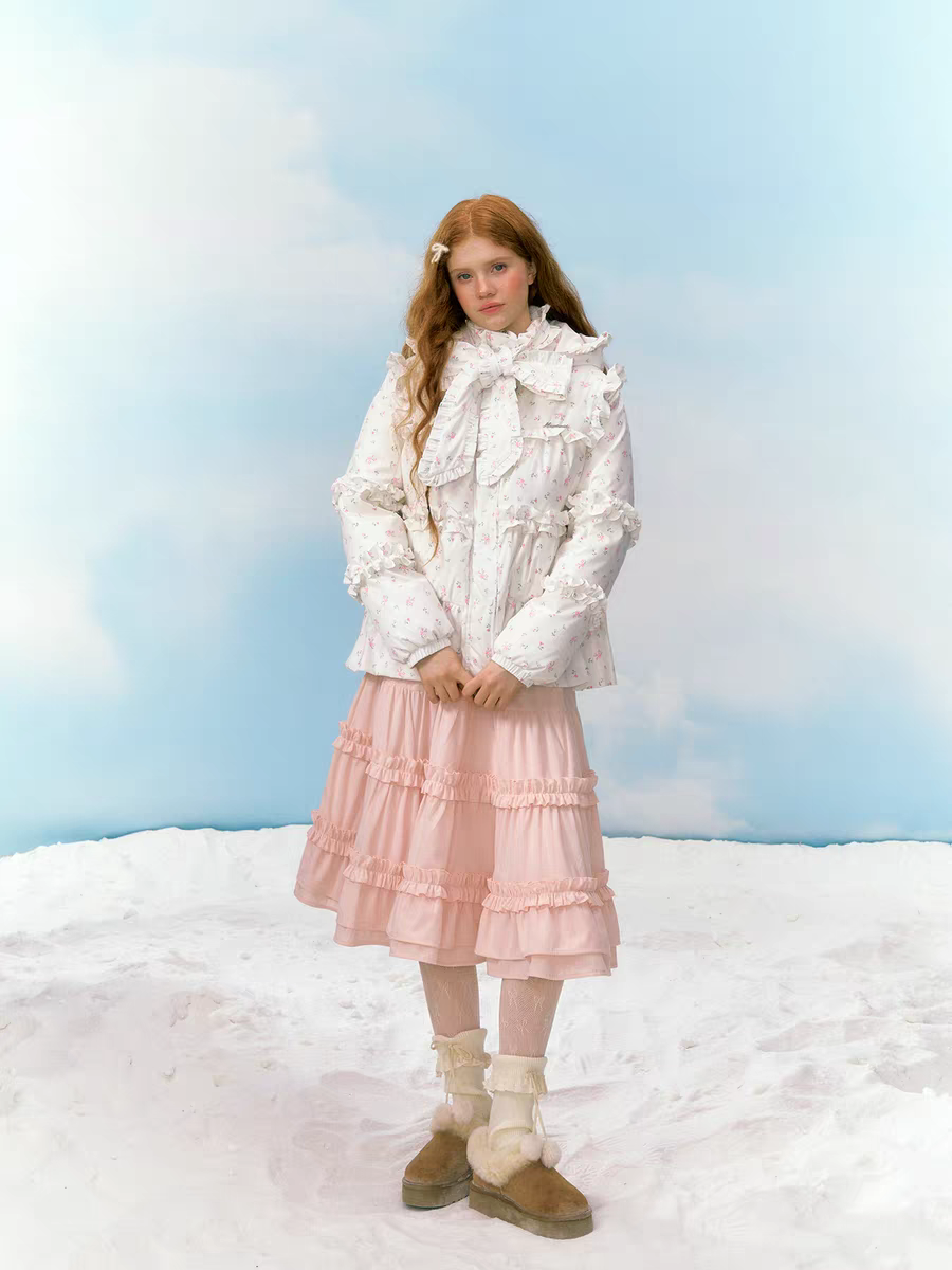 Narrator. Original Design Floral Ruffled Lace Bow Hooded Down Jacket