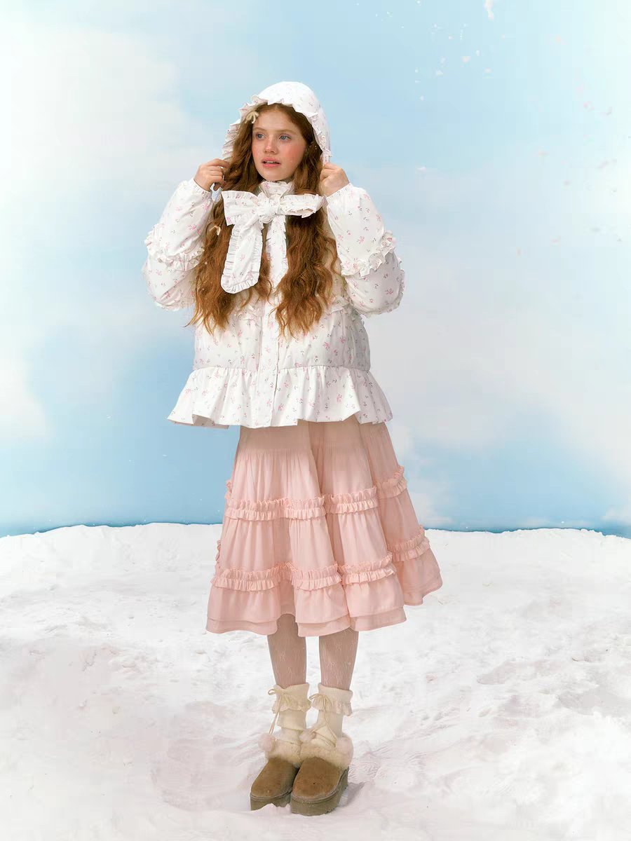 Narrator. Original Design Floral Ruffled Lace Bow Hooded Down Jacket