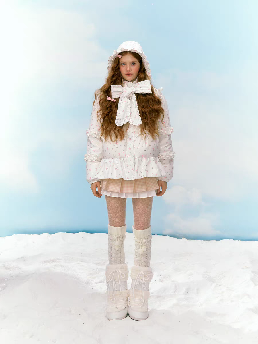 Narrator. Original Design Floral Ruffled Lace Bow Hooded Down Jacket