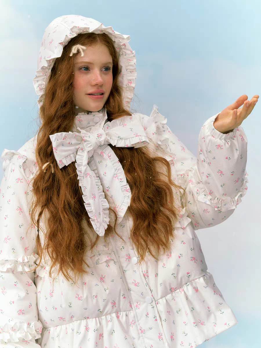 Narrator. Original Design Floral Ruffled Lace Bow Hooded Down Jacket