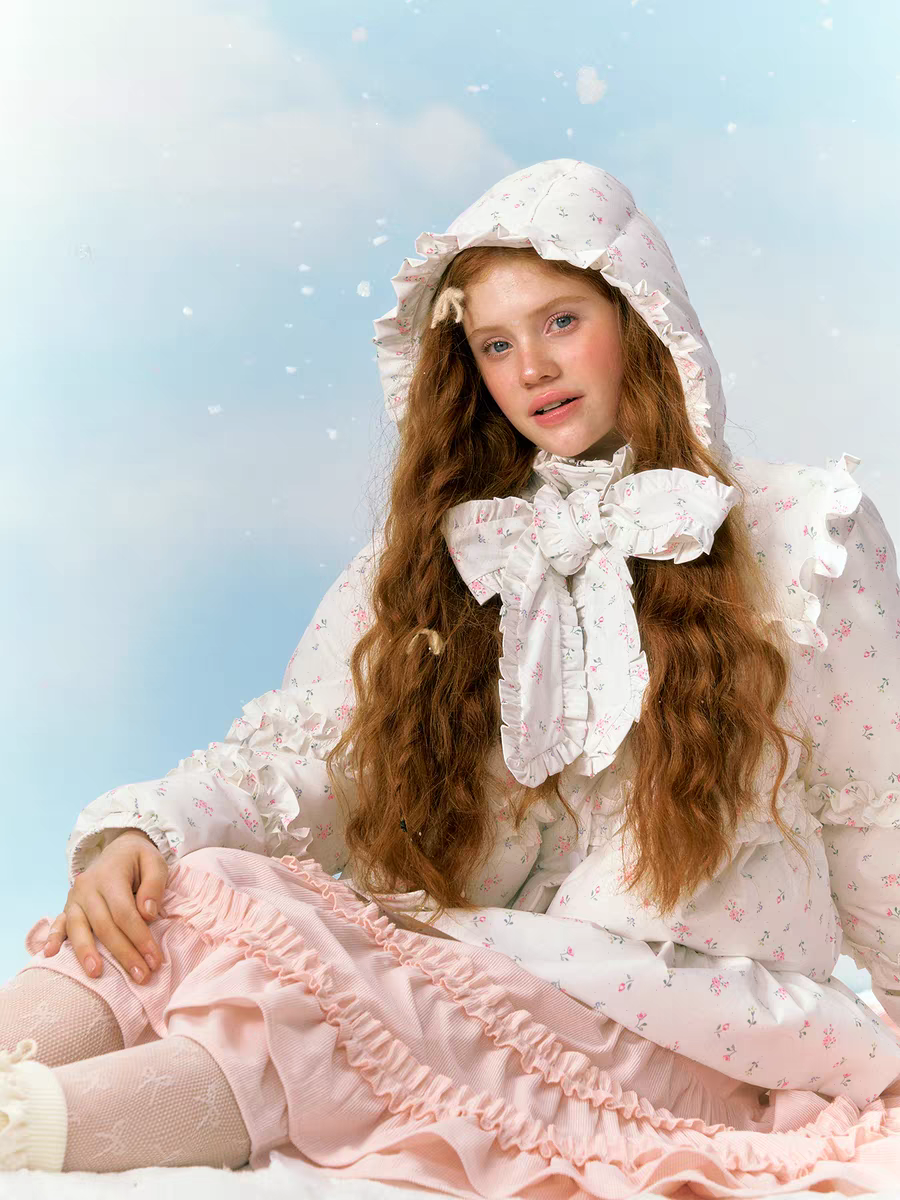 Narrator. Original Design Floral Ruffled Lace Bow Hooded Down Jacket