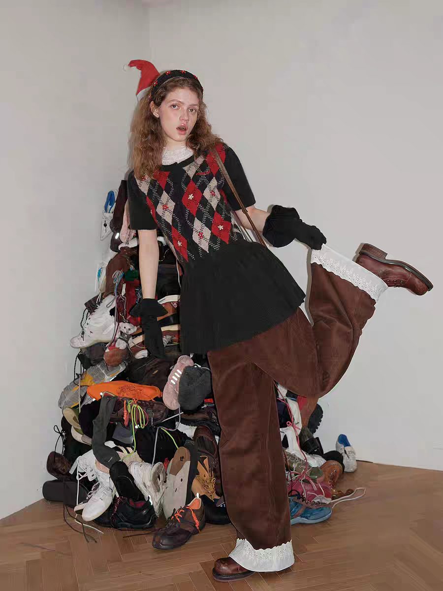 Moromoro. Original Design Diamond Pattern Hand-Embroidered Knit Dress