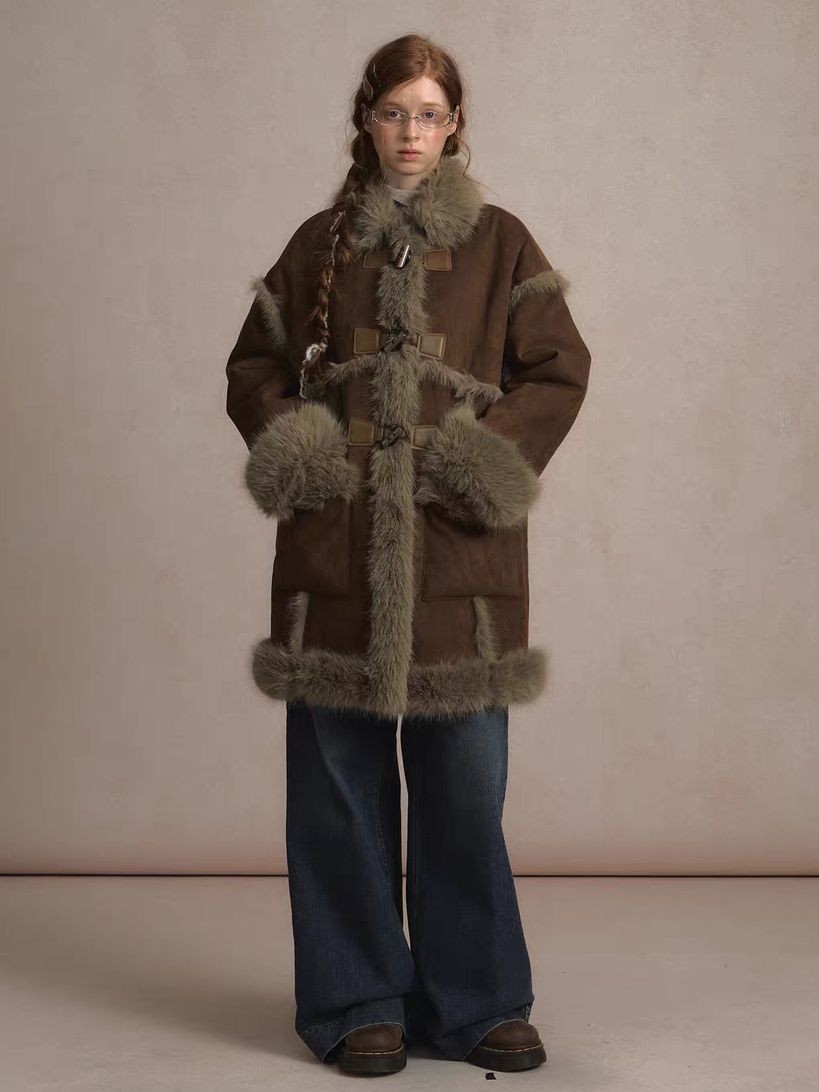 LOLOL. Original Design Horn BuckleFur Collar Long Coat