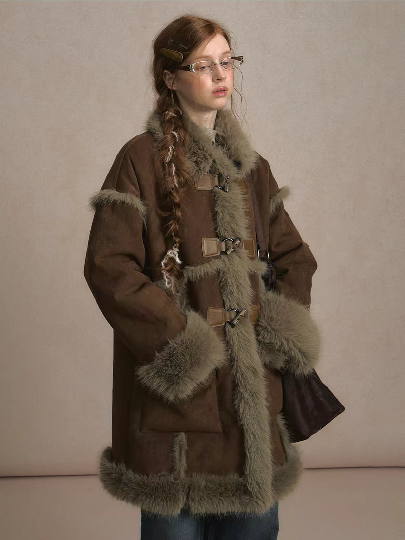 LOLOL. Original Design Horn BuckleFur Collar Long Coat