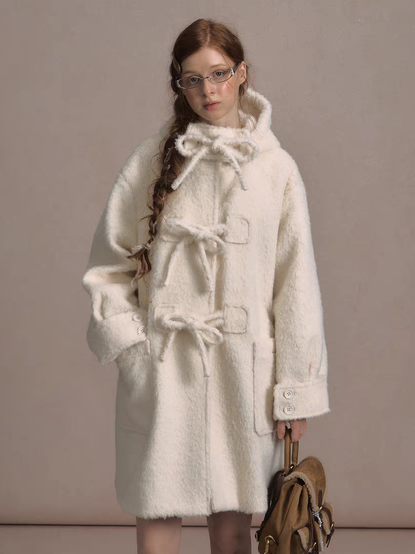 LOLOL. Original Design Hood Long Wool Coat with Bow Buttons