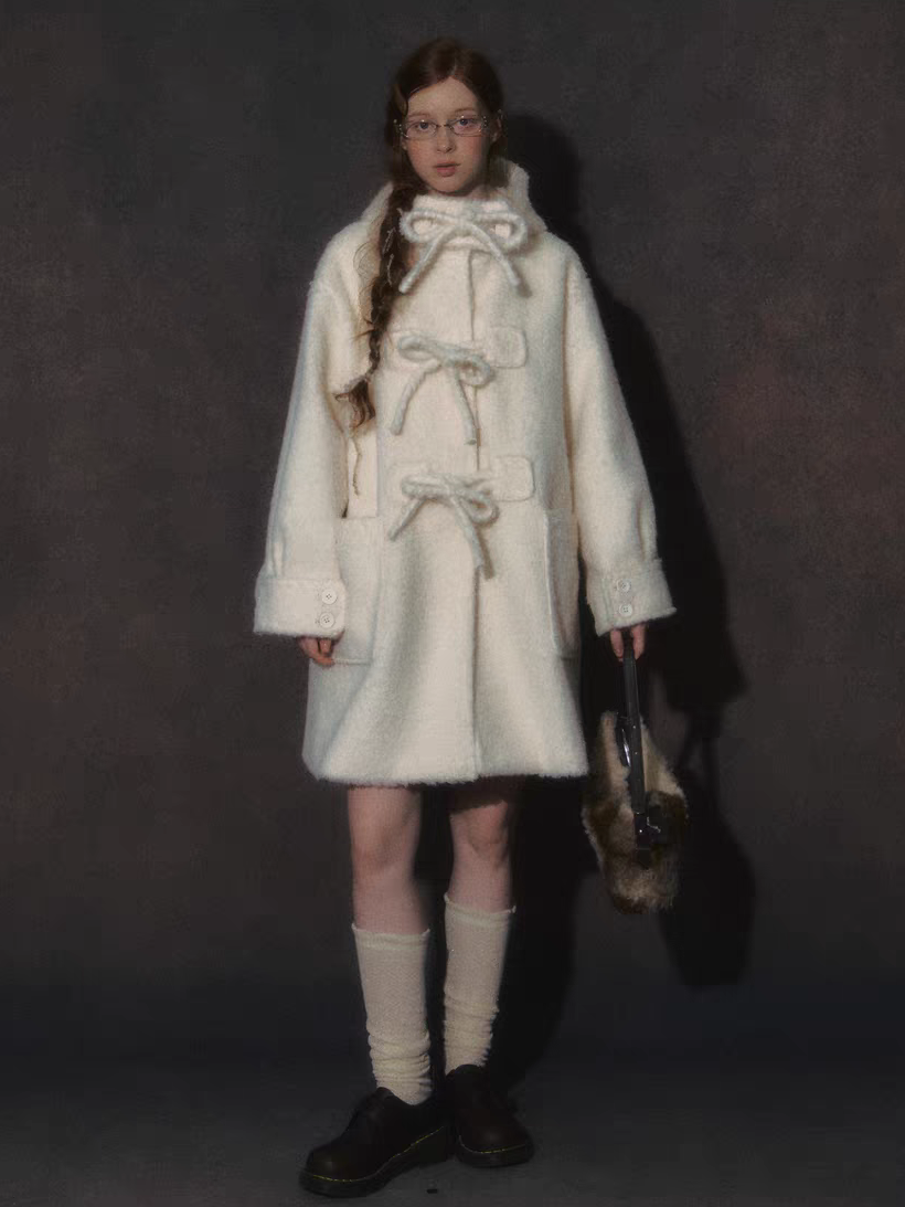 LOLOL. Original Design Hood Long Wool Coat with Bow Buttons