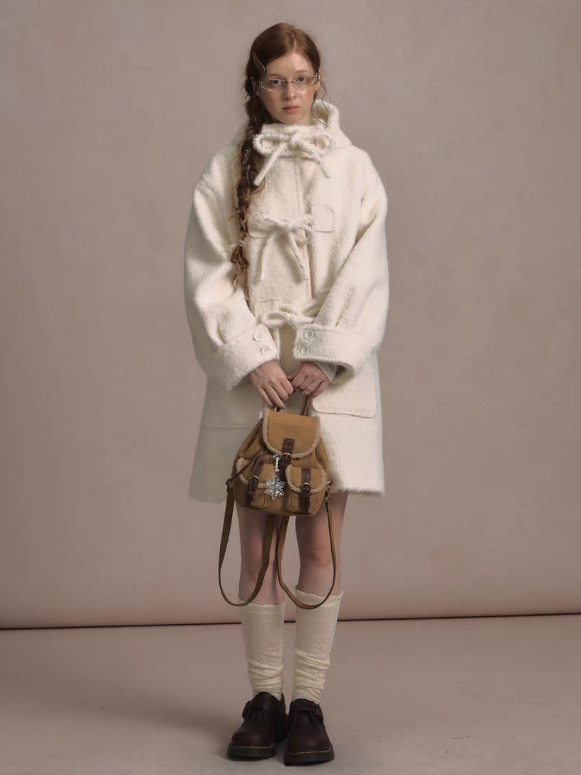 LOLOL. Original Design Hood Long Wool Coat with Bow Buttons