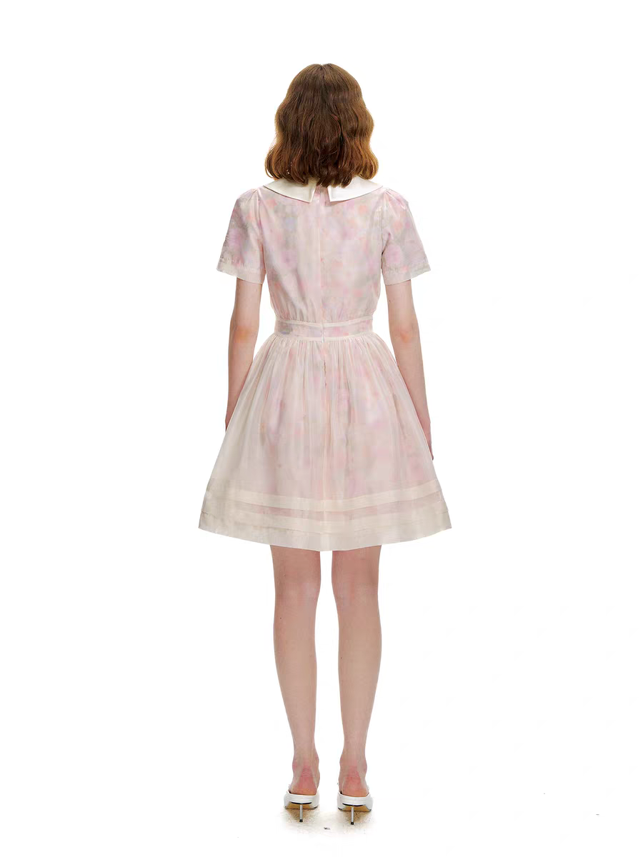 Romance Nanci. Original Design Rose Oil Painting Puff Dress with Peter Pan Collar