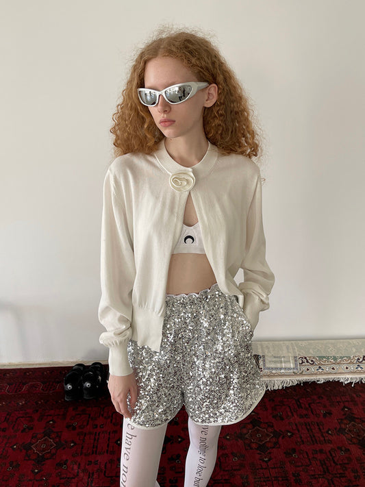 PFF GIRL. Original Design  White Collar Floral Knit Cardigan