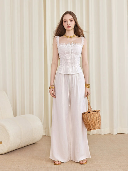 ilessisWANG. Original Design Boho Lace Linen Cami Top & Hollow-Out Skirt Set