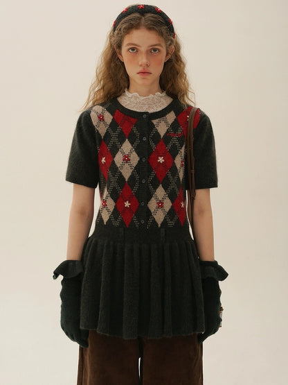 Moromoro. Original Design Diamond Pattern Hand-Embroidered Knit Dress
