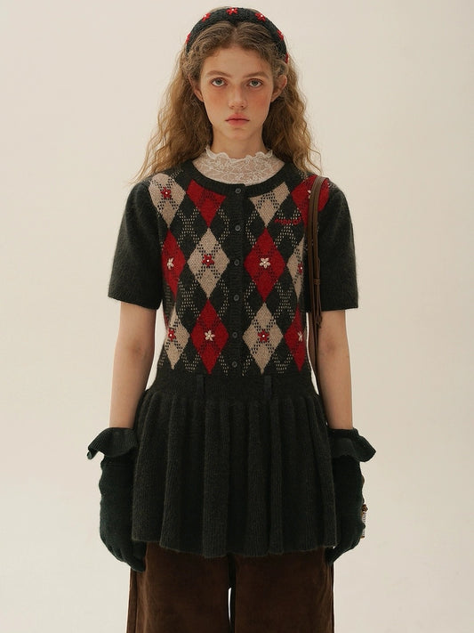 Moromoro. Original Design Diamond Pattern Hand-Embroidered Knit Dress