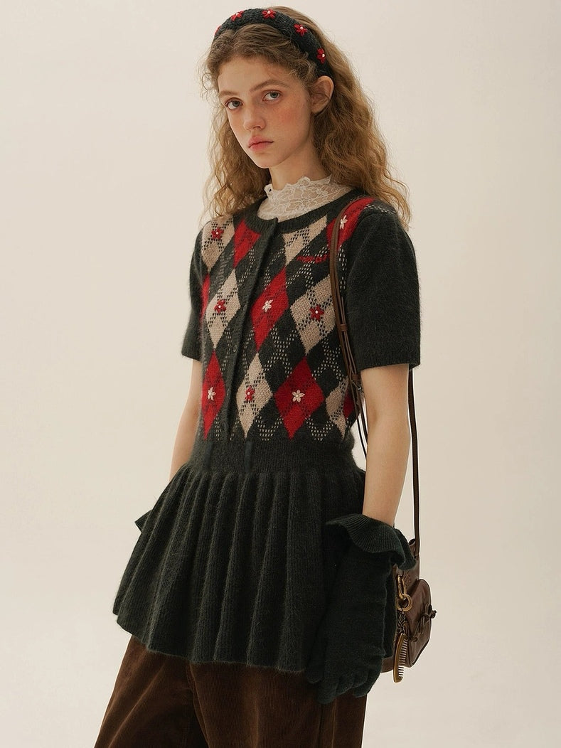 Moromoro. Original Design Diamond Pattern Hand-Embroidered Knit Dress