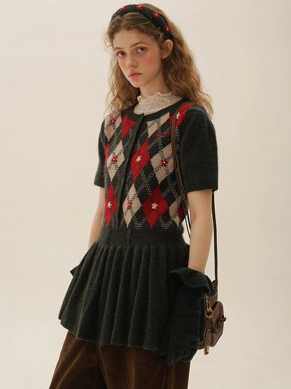 Moromoro. Original Design Diamond Pattern Hand-Embroidered Knit Dress
