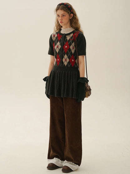 Moromoro. Original Design Diamond Pattern Hand-Embroidered Knit Dress