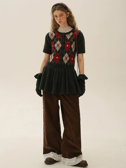 Moromoro. Original Design Diamond Pattern Hand-Embroidered Knit Dress