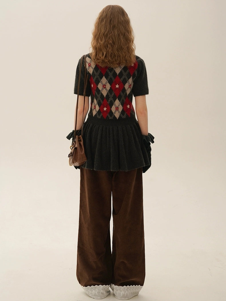 Moromoro. Original Design Diamond Pattern Hand-Embroidered Knit Dress