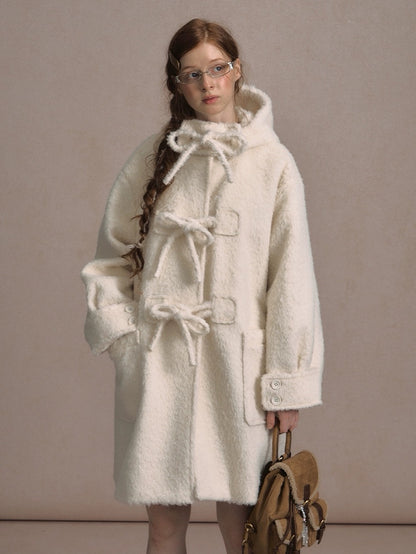 LOLOL. Original Design Hood Long Wool Coat with Bow Buttons