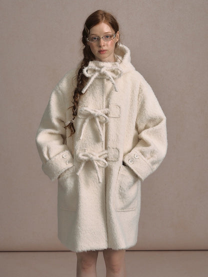 LOLOL. Original Design Hood Long Wool Coat with Bow Buttons