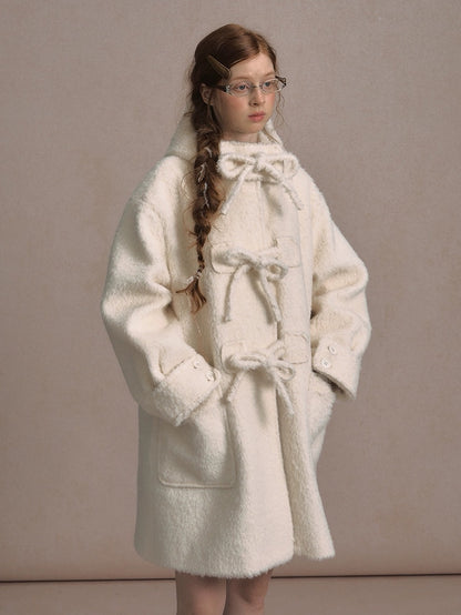 LOLOL. Original Design Hood Long Wool Coat with Bow Buttons