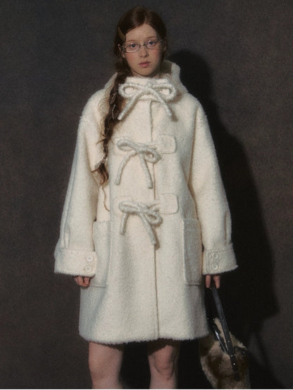 LOLOL. Original Design Hood Long Wool Coat with Bow Buttons