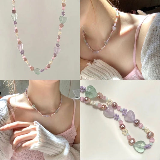 YEE ACC. original handmade low saturation color sweet purple pink beaded heart necklace