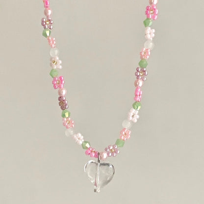 YEE ACC. original handmade vintage style pink beaded flower transparent peach heart necklace