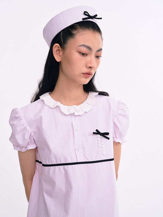 PER PEARL. original design pink stripe lace collar bow button puff sleeve dress