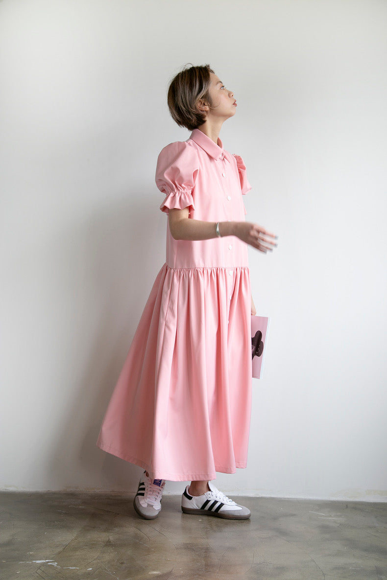 FountainMountain. Original Design Pink Puff Sleeve Loose Long Shirt Dress