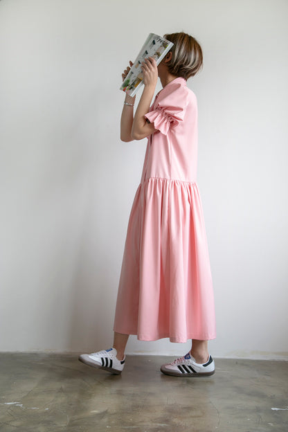 FountainMountain. Original Design Pink Puff Sleeve Loose Long Shirt Dress