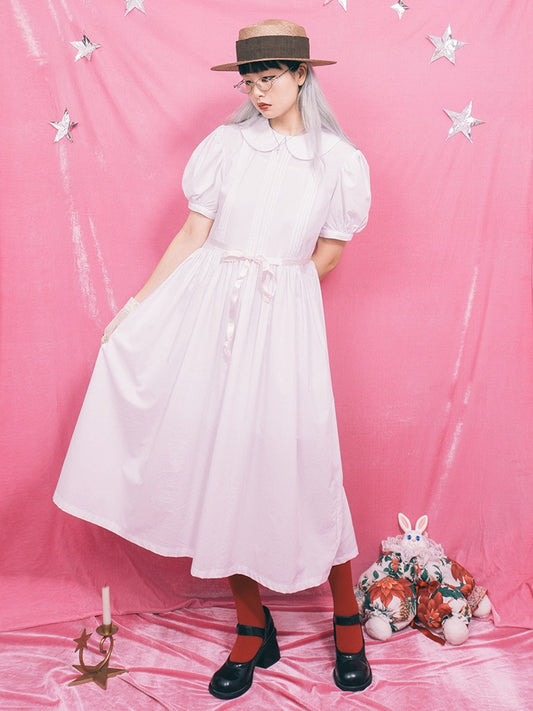 CherryWine. Original Design White Doll Collar Puff Sleeve Loose Dress