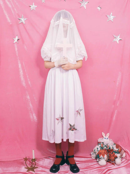 CherryWine. Original Design White Doll Collar Puff Sleeve Loose Dress