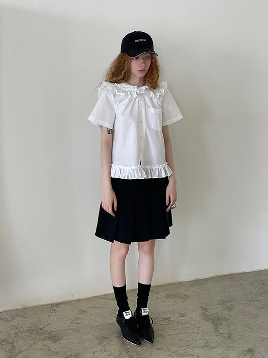 PFF GIRL. Original Design  White Ruffled Sailor Collar Short Sleeve Shirt