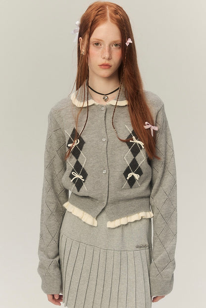 LOLOL.Original Design Argyle Check Bow Cardigan