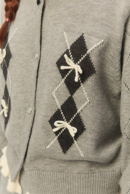 LOLOL.Original Design Argyle Check Bow Cardigan