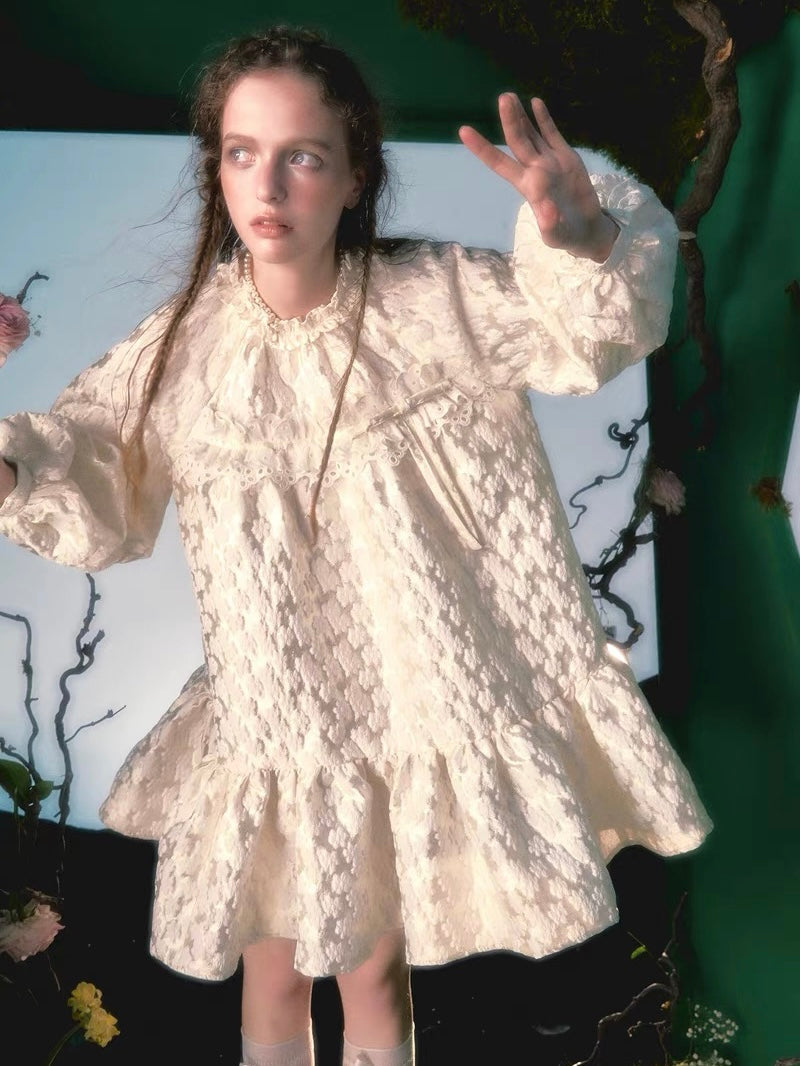 Narrator. Original Design Off-white Floral Lace Bow Loose Doll Dress