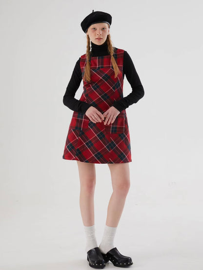 ffringe. Original Design Red Plaid Vest A-line Dress