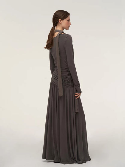 someone sometimes . Original Design Swing Collar Pleated Knitted Long Dress
