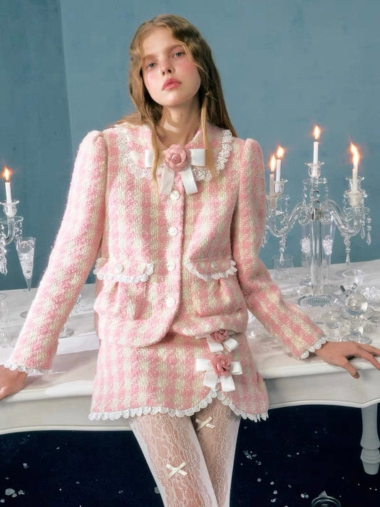 Narrator. Original Design Plaid Bow Flower Brooch Lace Woolen Short Jacket&Skirt Set-up