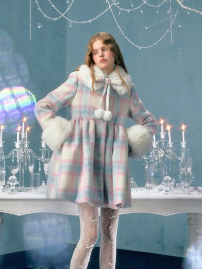 Narrator. Original Design Snow Check Pattern Fur Collar Wool Mid-Length Coat