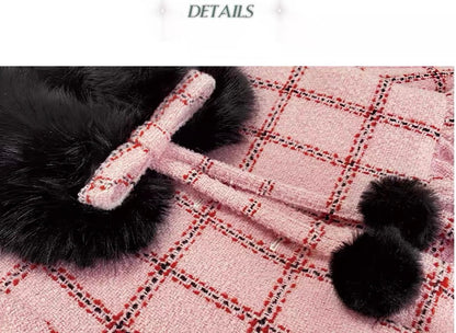 Narrator. Original Design Snow Check Pattern Fur Collar Wool Mid-Length Coat