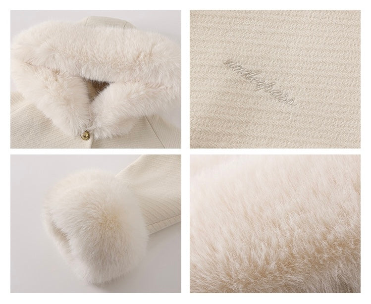 Underpass. Original Design Milky White Sweet Fur Collar Cape Loose Woolen Coat