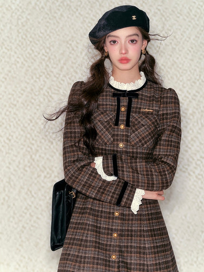 Underpass. Original Design Retro Bow Lace Brown Plaid Long Sleeve Dress