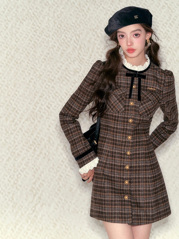 Underpass. Original Design Retro Bow Lace Brown Plaid Long Sleeve Dress