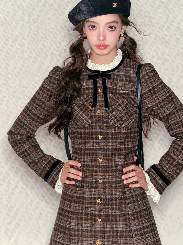 Underpass. Original Design Retro Bow Lace Brown Plaid Long Sleeve Dress