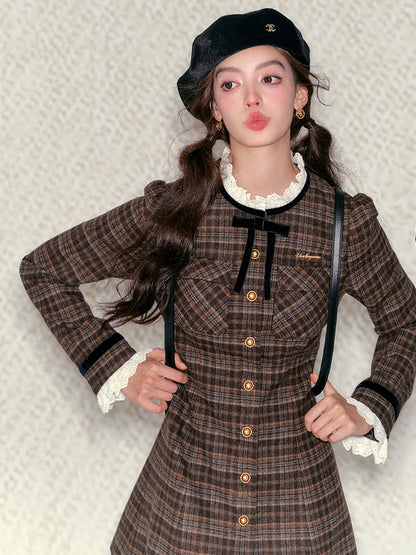 Underpass. Original Design Retro Bow Lace Brown Plaid Long Sleeve Dress