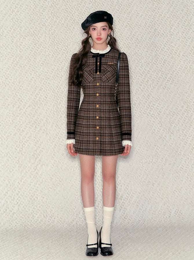 Underpass. Original Design Retro Bow Lace Brown Plaid Long Sleeve Dress